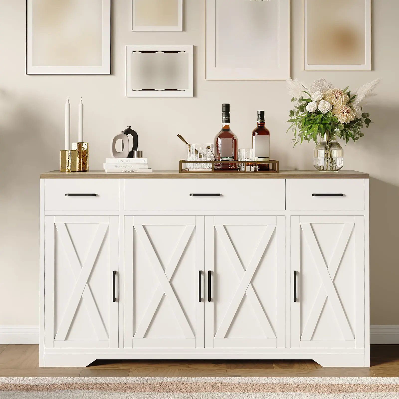 55" Sideboard Buffet Cabinet,  Large Coffee Bar Cabinet with 3 Drawers & Adjustable Shelf, Floor Cupboard for Kitchen, Living Room