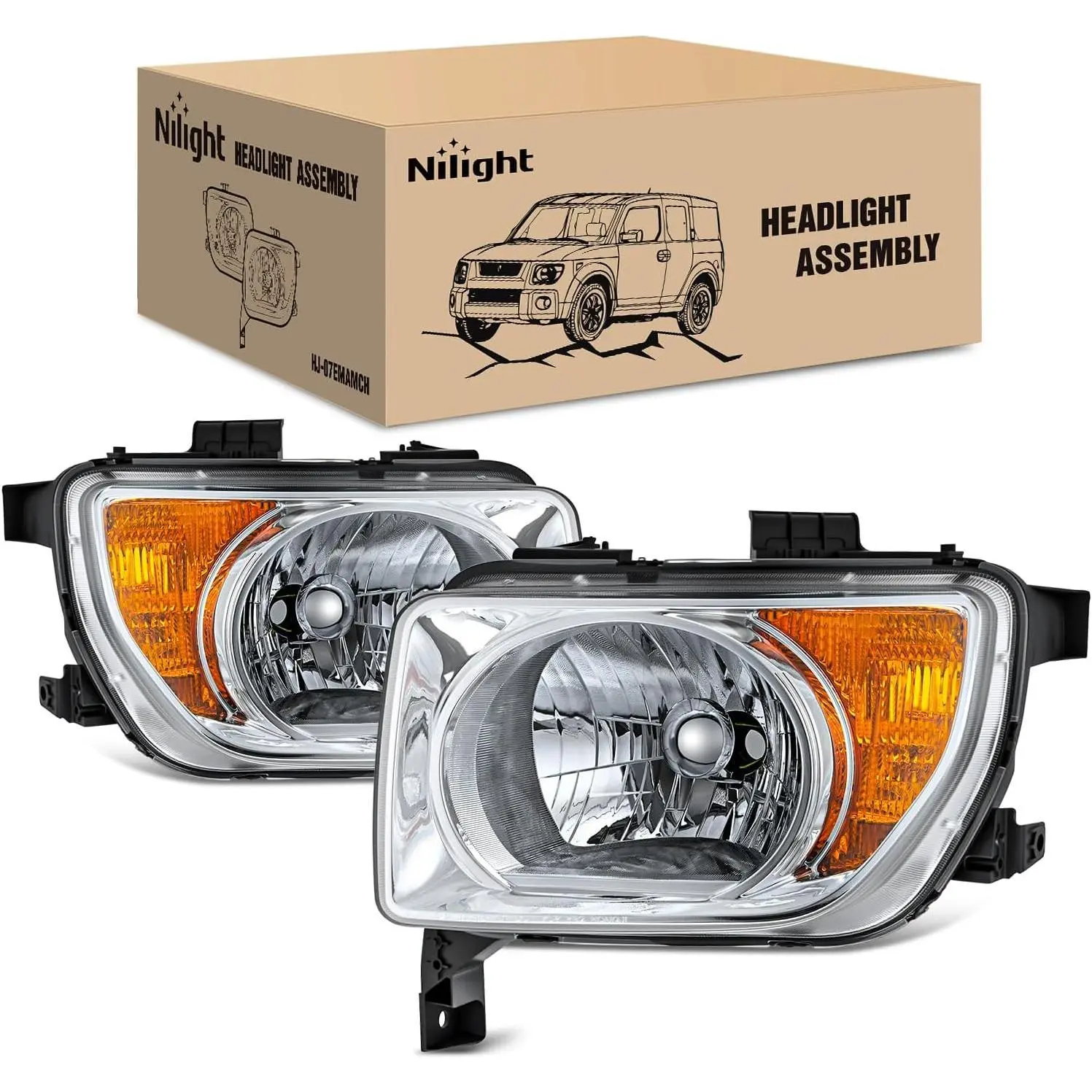Nilight OE-Style Halogen Headlight Assembly, Compatible with 2003-2006 Honda Element, Chrome Housing, Amber Reflector, Polycarbonate, Anti-Fog Vents, HB2 H4 Bulbs, IP65, Night Driving, Driver & Passenger Side