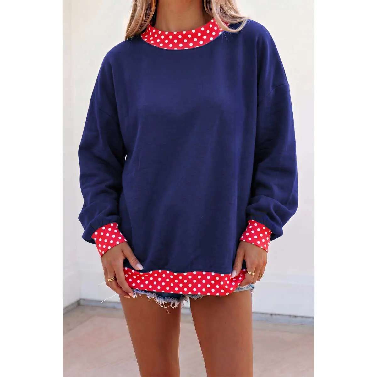 woman Dirty blue Colorblock fashion Polka Dot Contrast Trim Oversized Sweatshirt, Multiple Colors Casual Pullover Sweatshirt, Sleeves, Long Sleeve