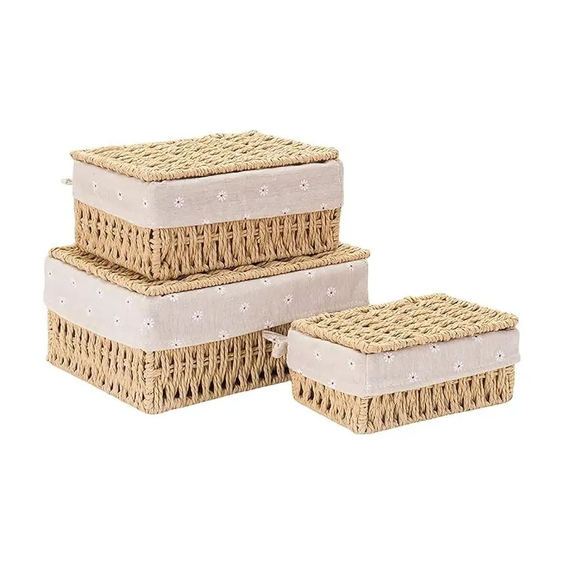 Small Woven Storage Basket with Lid and Lining, Rectangular Paper Rope Basket, Bohemian Style, 3-Piece Set for Shelves, Tables, Cosmetics