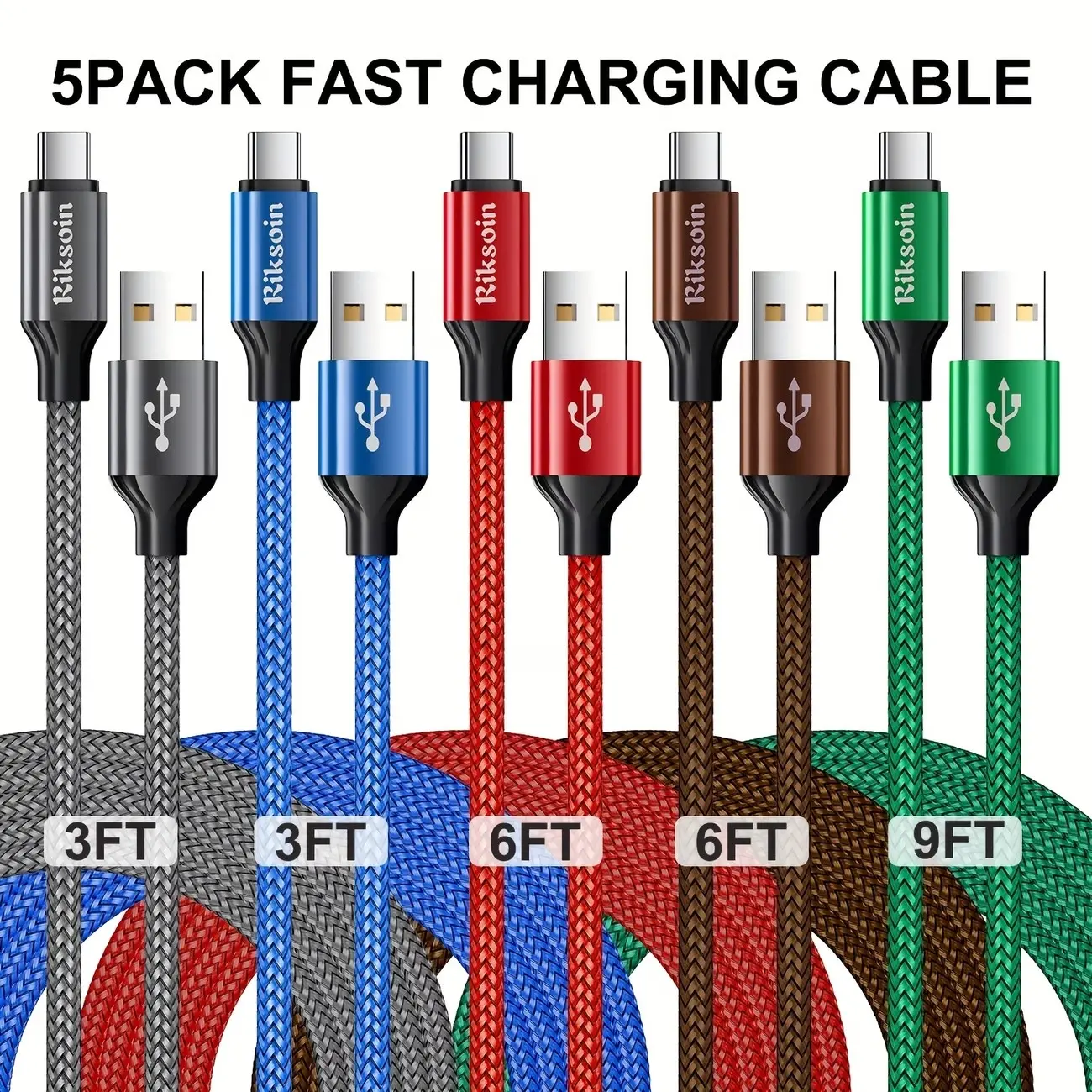 RIKSOIN USB C Cable, Nylon Braided Durable USB A to Type C Charger Cables [3/5-Pack, 3/3/6/6/10FT], Type C Charger Cable for Phone 16/15 / iPad, Galaxy S/Note/A, Google Pixel and More