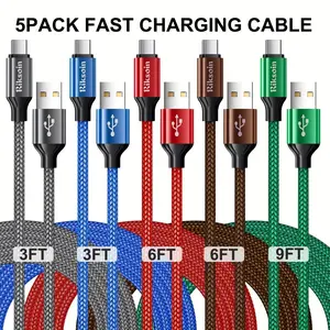 RIKSOIN USB C Cable, Nylon Braided USB A to Type C Charger Cables [3/5-Pack, 3/3/6/6/10FT], Type C Charger Cable for Phone 16/15 / iPad, Galaxy S/Note/A, Google Pixel and More