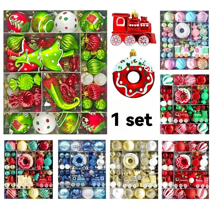 82pcs /Set Creative Christmas Ornaments Novelty Hanging Baubles Cute Quirky Kawaii Whimsical Aesthetic Shatterproof Red Train Green Tree Doughnut Chili Candy Shaped Home Tree Decor Christmas In Gift TikTok Shop Finds