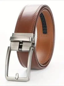 Original Genuine Leather Ratchet Belt - Adjustable Alloy Click Automatic Buckle, High-Quality Leather, Casual Business Style