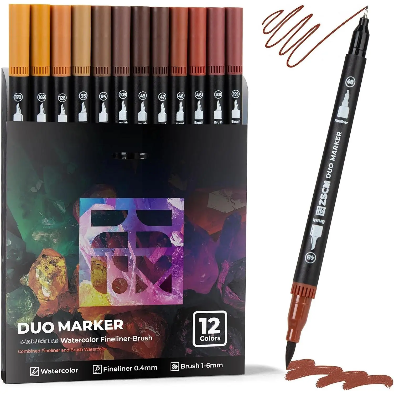 Brown Duo Tip Marker Pens, 12 Pack Fine & Brush Markers for Adult Coloring Books No Bleeding, Earth Brown Markers for  Texture,  ,  Effects and Antique Coloring
