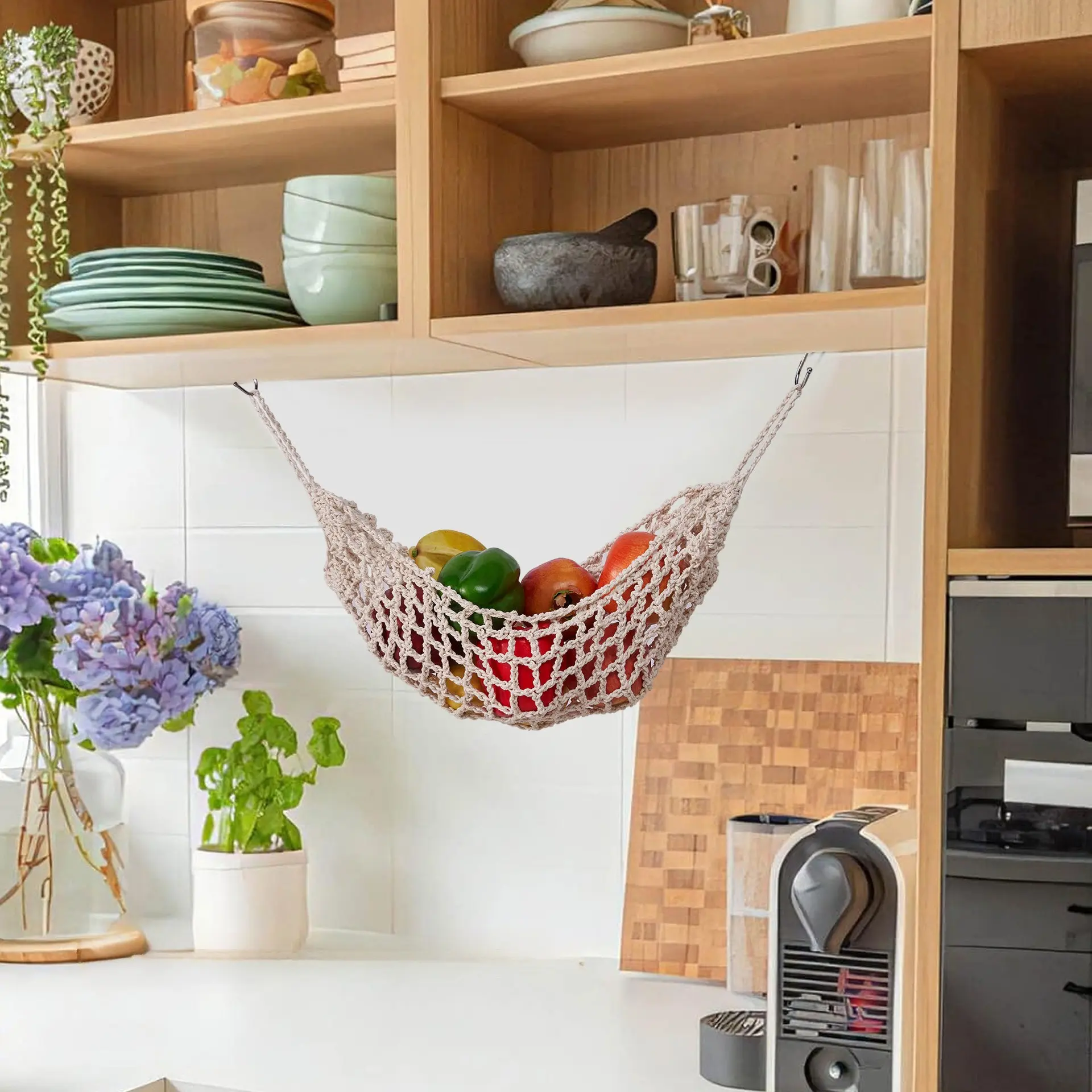 Bohemian Handmade Vegetable Fruit Net Bag, Fruit Basket Net Holder, Home Kitchen Hanging Decor, Fruit Storage Bag, Kitchen Organizer, Decorative