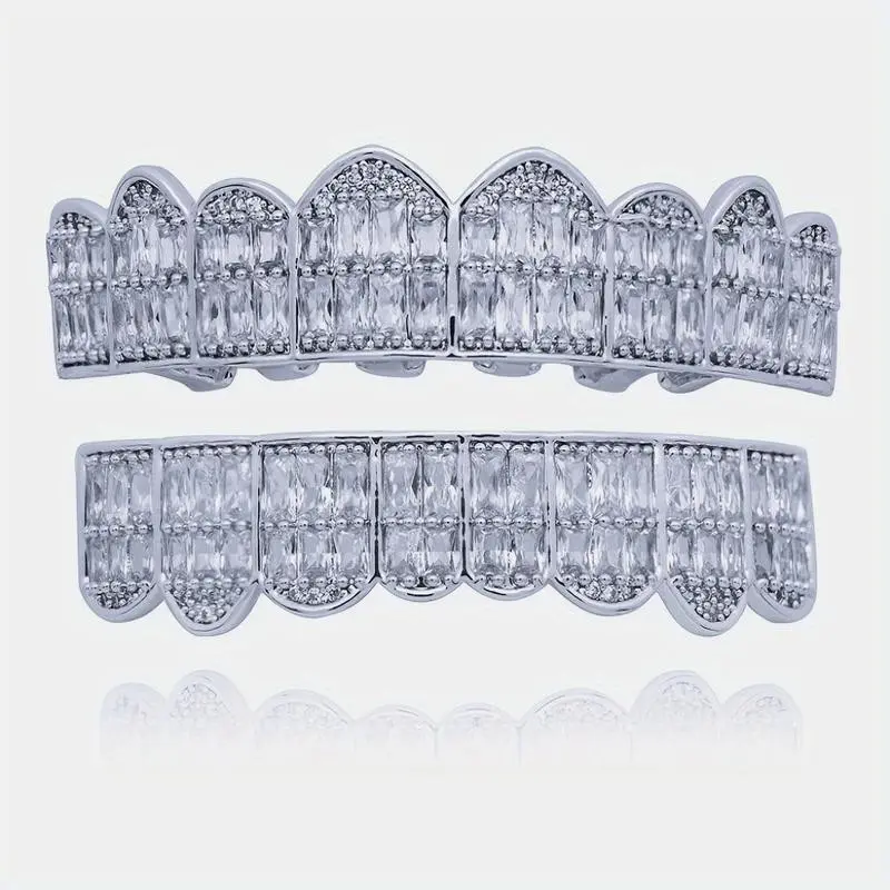 2pcs/set Full Zirconia Teeth Grillz Top&Bottom CZ Grills Dental Hip Hop Vampire Teeth Caps Grill Mouth Body Jewelry Party Iced Out Zirconia 18K Golden Color Plated Teeth Grillz Zirconia Teeth Grillz Full Ice Out Teeth Grillz Oral Cosmetic