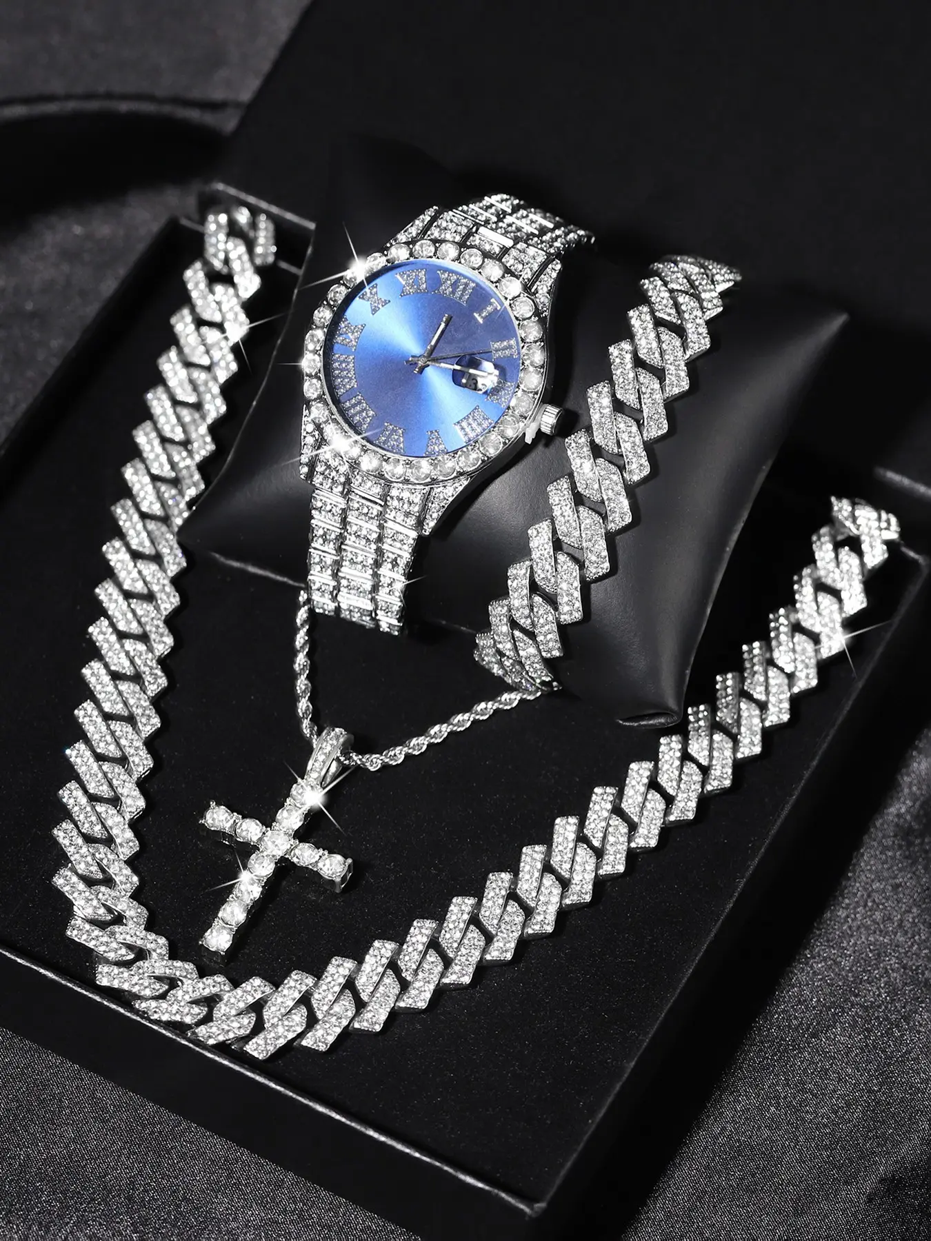 Men's Punk Style Rhinestone Decor Watch & Bracelet & Adjustable Cross Charm Necklace & Cuban Necklace, Exquisite Trendy Watch Set As Gift with Box