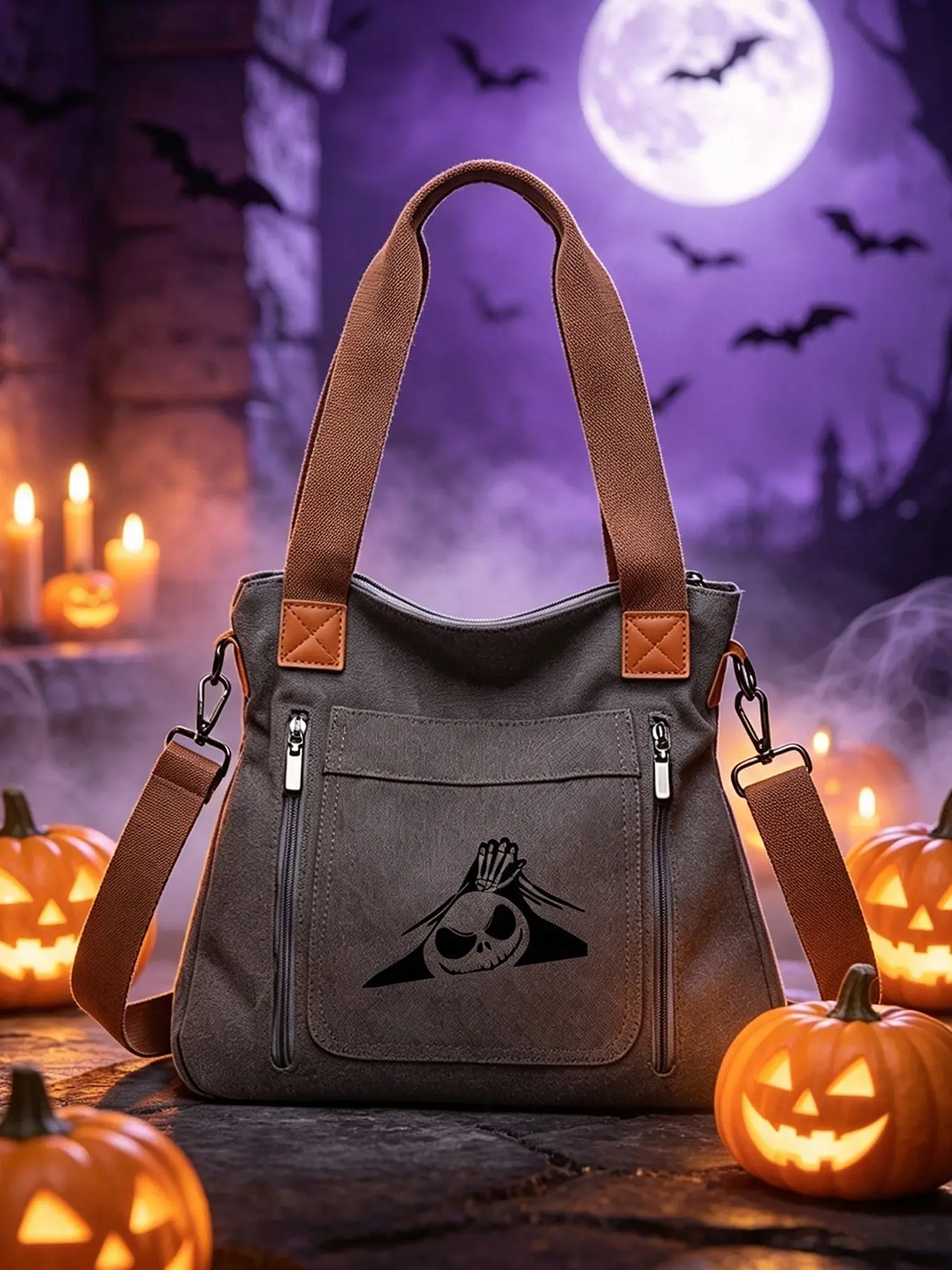 Halloween Theme Print Tote Bag, Multi-Layer Large Capacity Shoulder Bag, Casual Student Backpack, Daily Use Leisure Bag