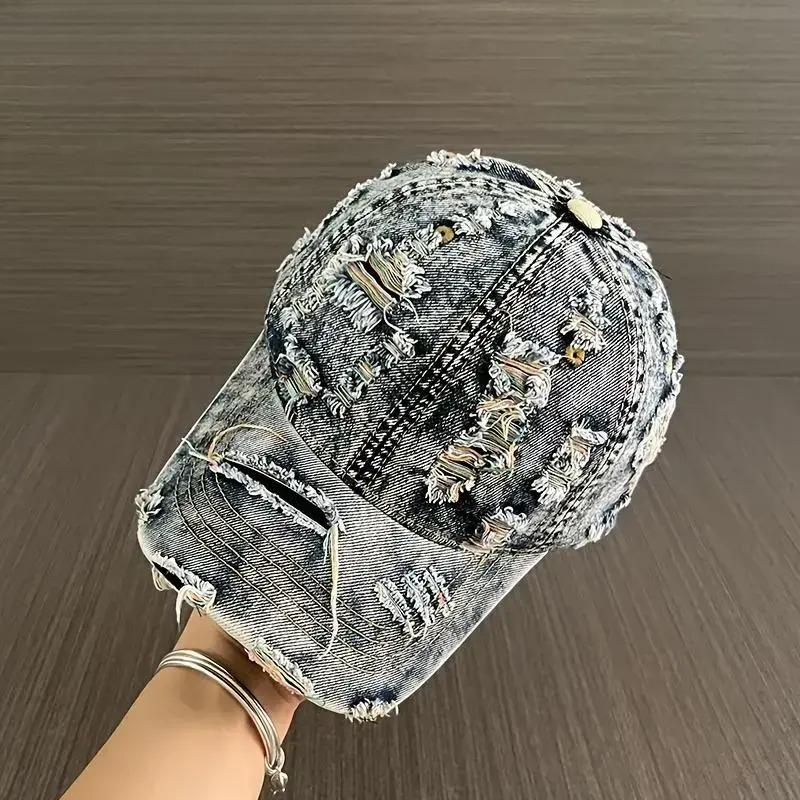 Retro Washed Ripped Denim Baseball Cap – Men’s Outdoor Sun Protection Essential, Trendy Casual Hat for Daily Commute & Hiking Trips