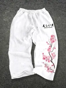 Men's Wide Leg Sweatpants, Japanese Cherry Blossom & Kanji Letter Print Drawstring Casual Trousers, Oriental Loose Streetwear Pants #CherryBlossomPants #JapaneseStreetwear #SoftSweatpants #WideLegTrousers #TikTokMadeMeBuyIt