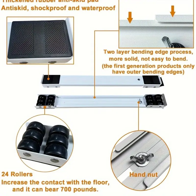 A mobile tool for household appliances equipped with rollers, featuring furniture lifting function and 360-degree rotatable wheels. This retractable device comes with braking components and is specially designed for heavy items such as washing machines