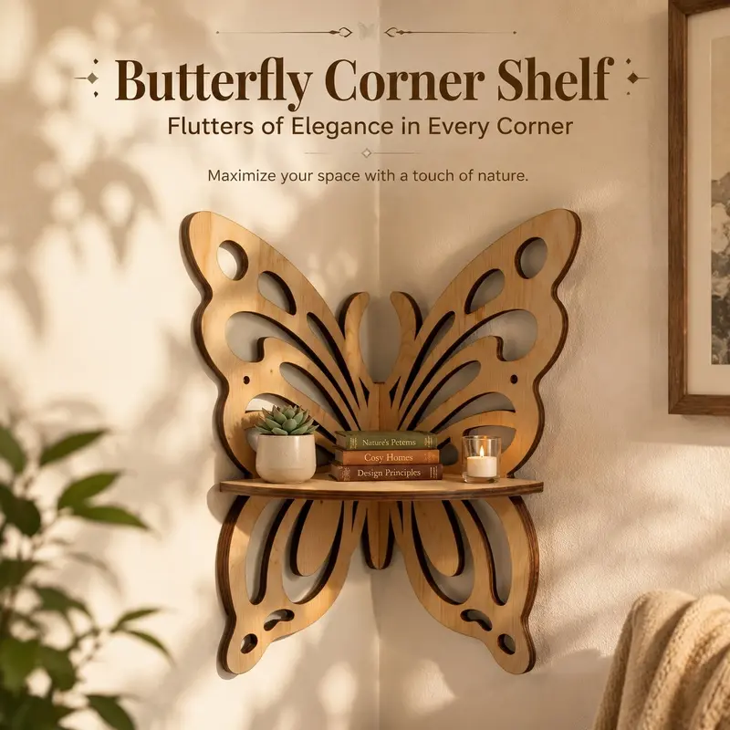 1-Pack Butterfly-Shaped Wooden Corner Shelf, Rustic Boho Style, Hollow-Cut Design For Plants Candles In Wall Corners