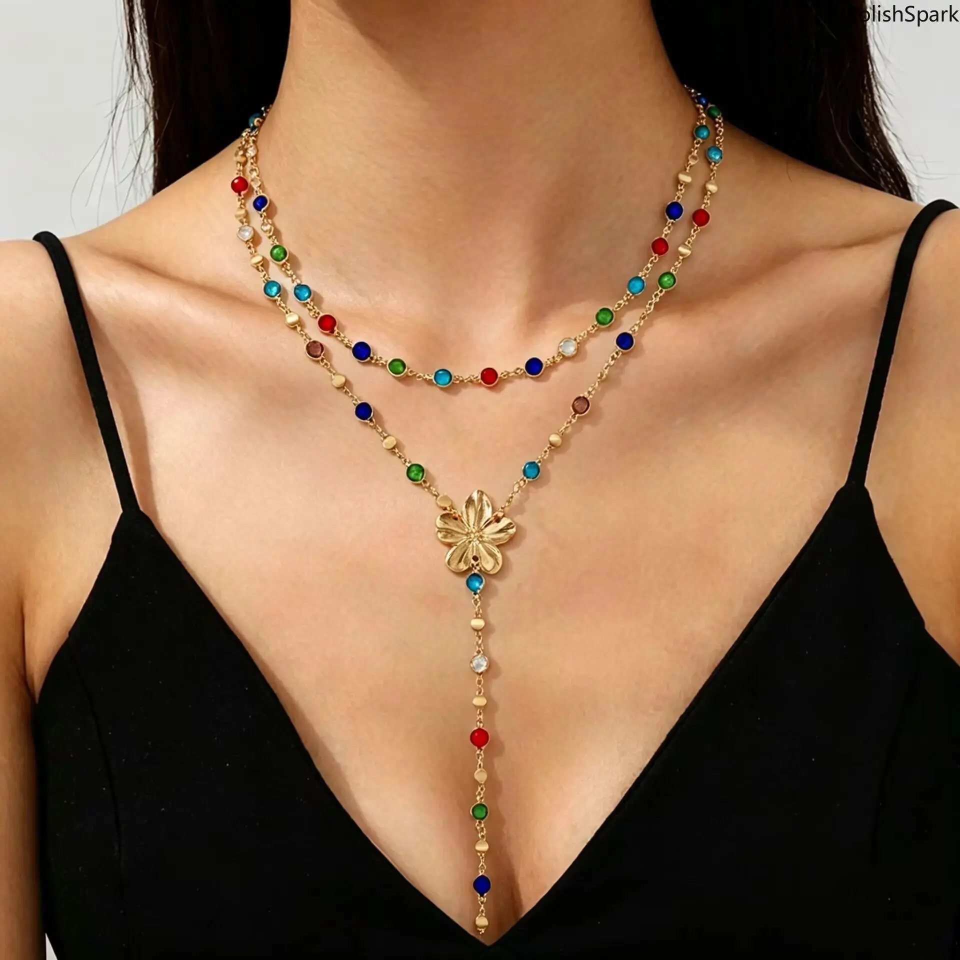 2-Layer Colorful Bead Flower Y-Drop Necklace - Gold-Silver Boho Stacked Lariat Chain, Vintage Adjustable Whimsical Statement Sports & Outdoor Accessory,summerwins
