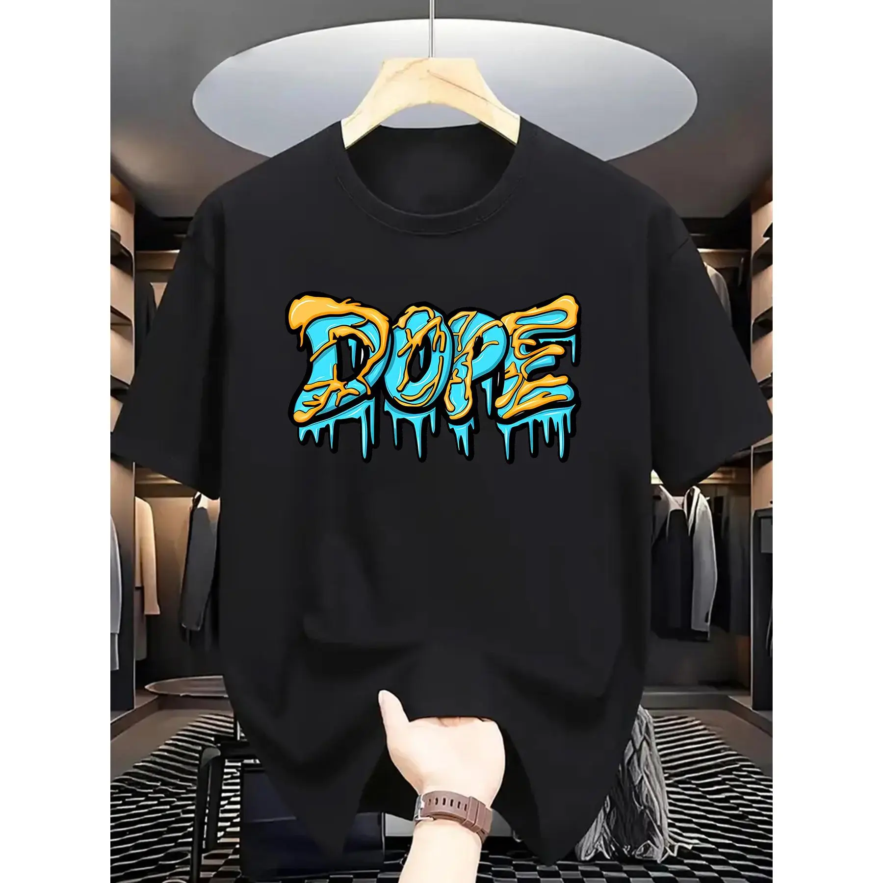 Men's Summer Casual Short Sleeve T-Shirt with Bold Drip Letter Graphic Print - Vibrant Turquoise, Regular Fit, Machine Washable, Comfortable Fit Shirt