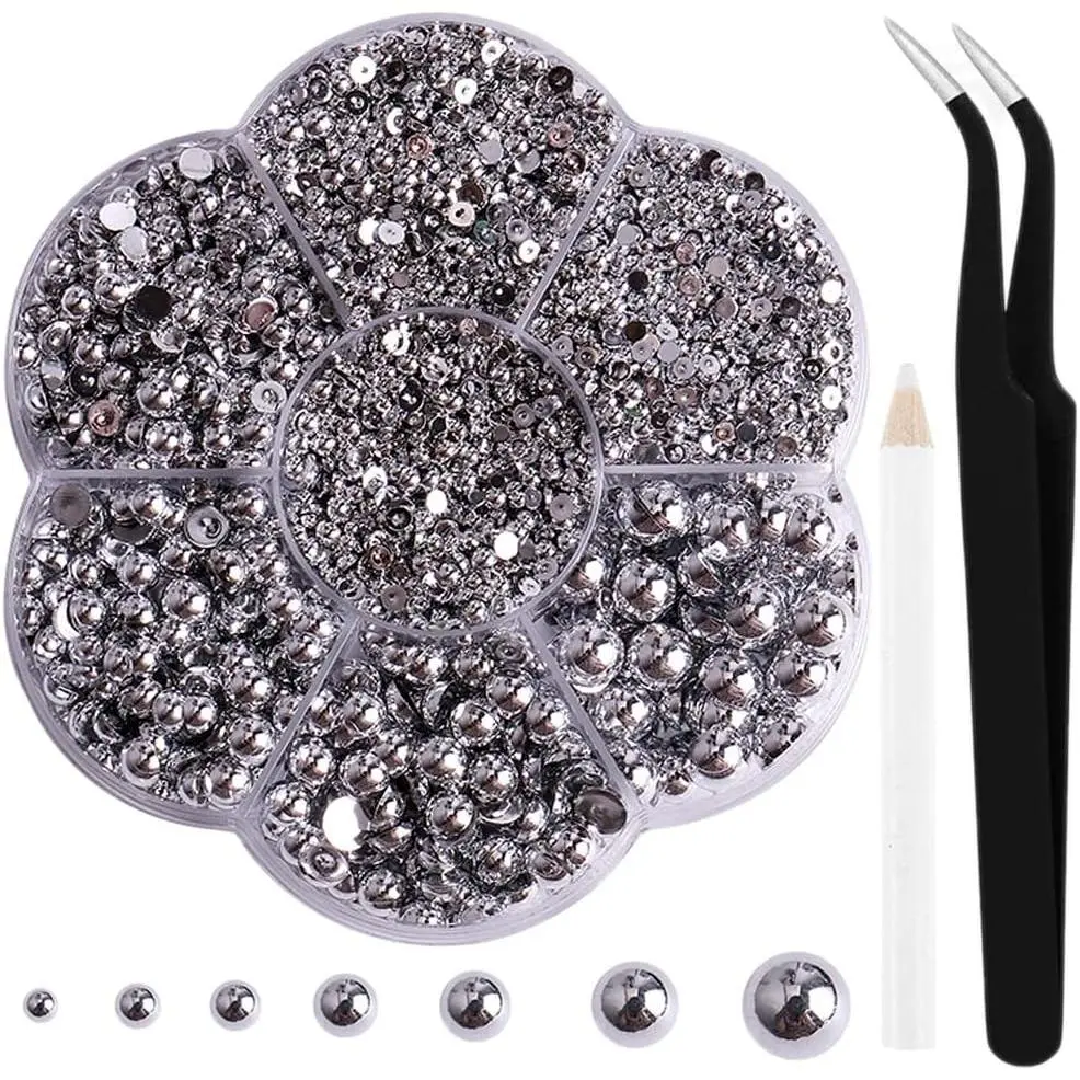 6000 Pcs Nail Pearls for Nails Art,Silver Half Pearls for Crafts,Flatback Pearls for Face Eyes Makeup,Round Flat Back Pearl for Charms DIY Crafting Charms Decorations Accessories