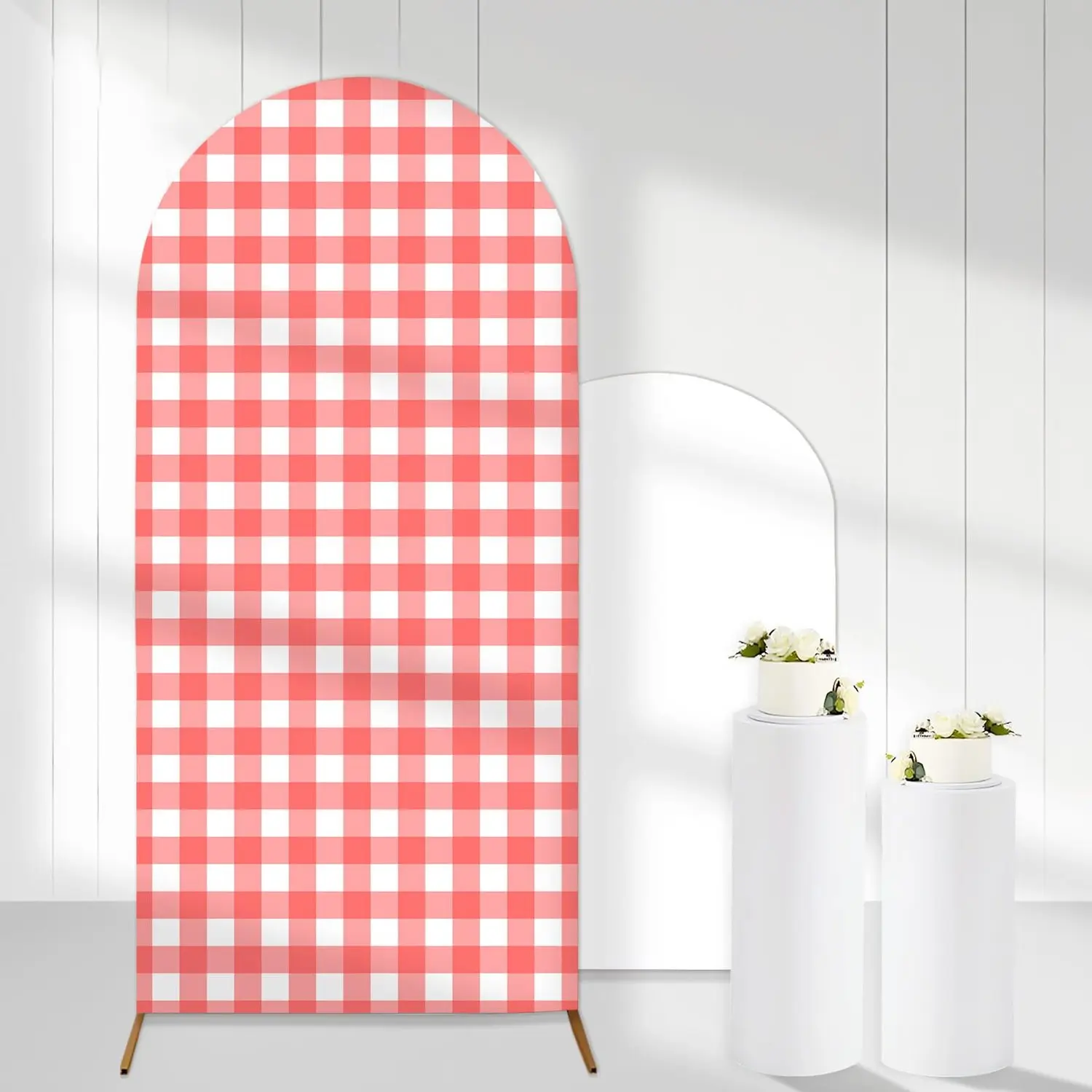 6 Ft Stretchy Gingham Arch Backdrop Set - Watermelon Red & White Polyester Fiber Wrinkle-Resistant Photography Accessory, Pink Stand Included, for Birthday Decoration & Multiple Events