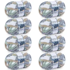 #10 Chunky Chenille Blanket Yarn, 8 Skeins Jumbo Thick Bulky Tie Dye Yarn for Hand Knitting & Crocheting, 20 Yards 8 oz per Skein, Cream/Sage/Grey/Khaki
