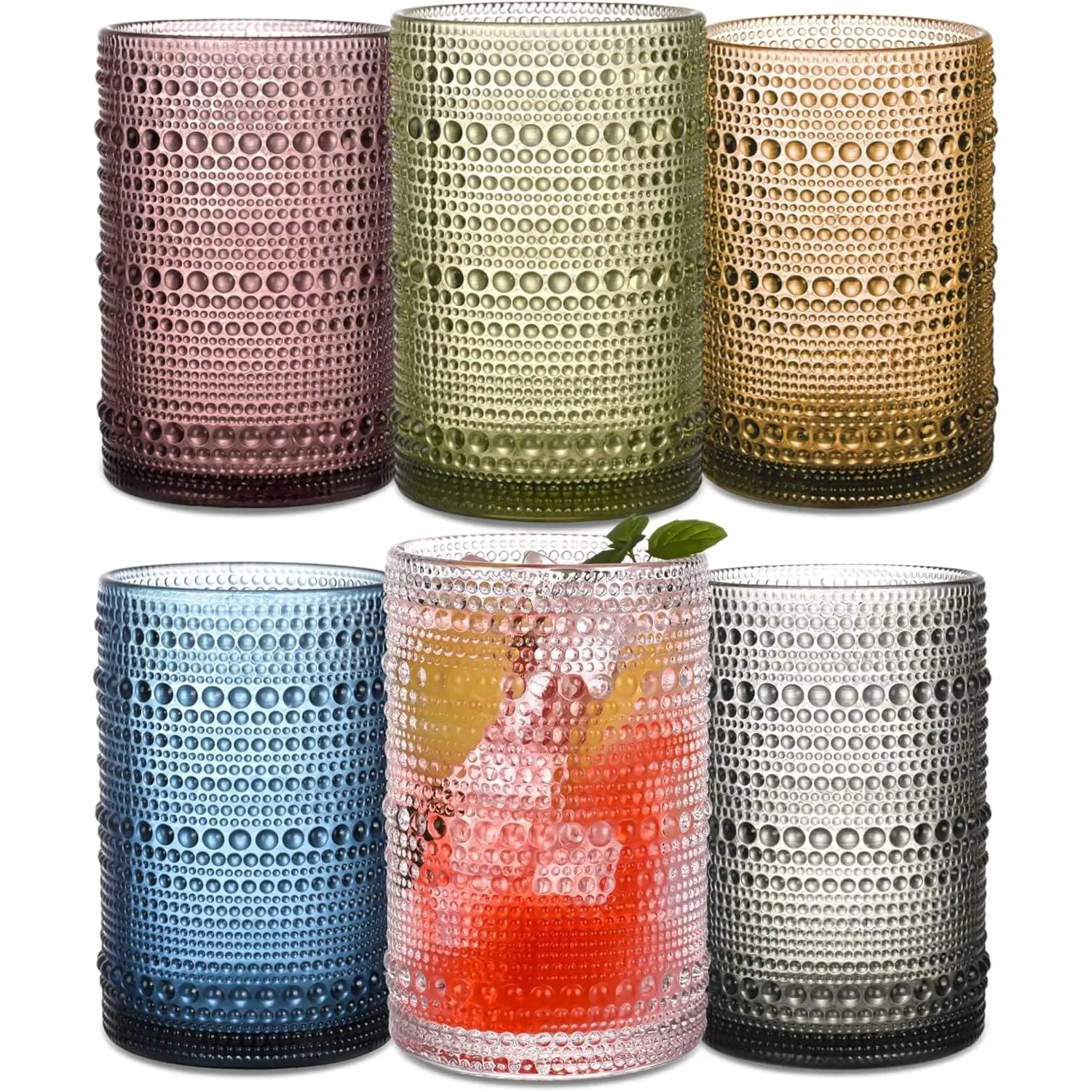 Colored Hobnail Drinking Glasses Set of 6, 15 oz Vintage Highball Glasses, Drinkware Kitchen Glasses for Cocktail, Iced Coffee, Beer, Ice Tea, Wine, Whiskey, Water