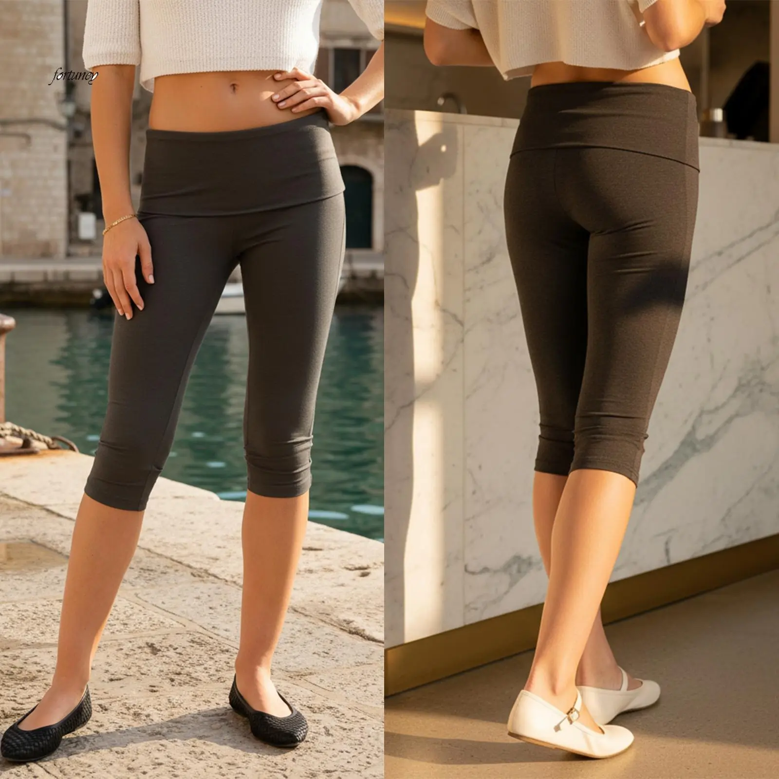 Women's Low-Rise Capri Pants - Fold-Over Waistband, Solid Color Elastane Stretchy Casual Fashion Bottoms, Capri Pants Women, Cropped, Fitted, Lady, Basic, Trouser, Fabric, Style, Foldover Pants