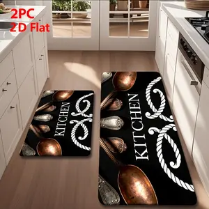 2/3pcs Flannel Kitchen Mat Set, Retro Copper Silver Design, Non-Slip, Absorbent, Ideal for Bathroom, Laundry Room, Hallway