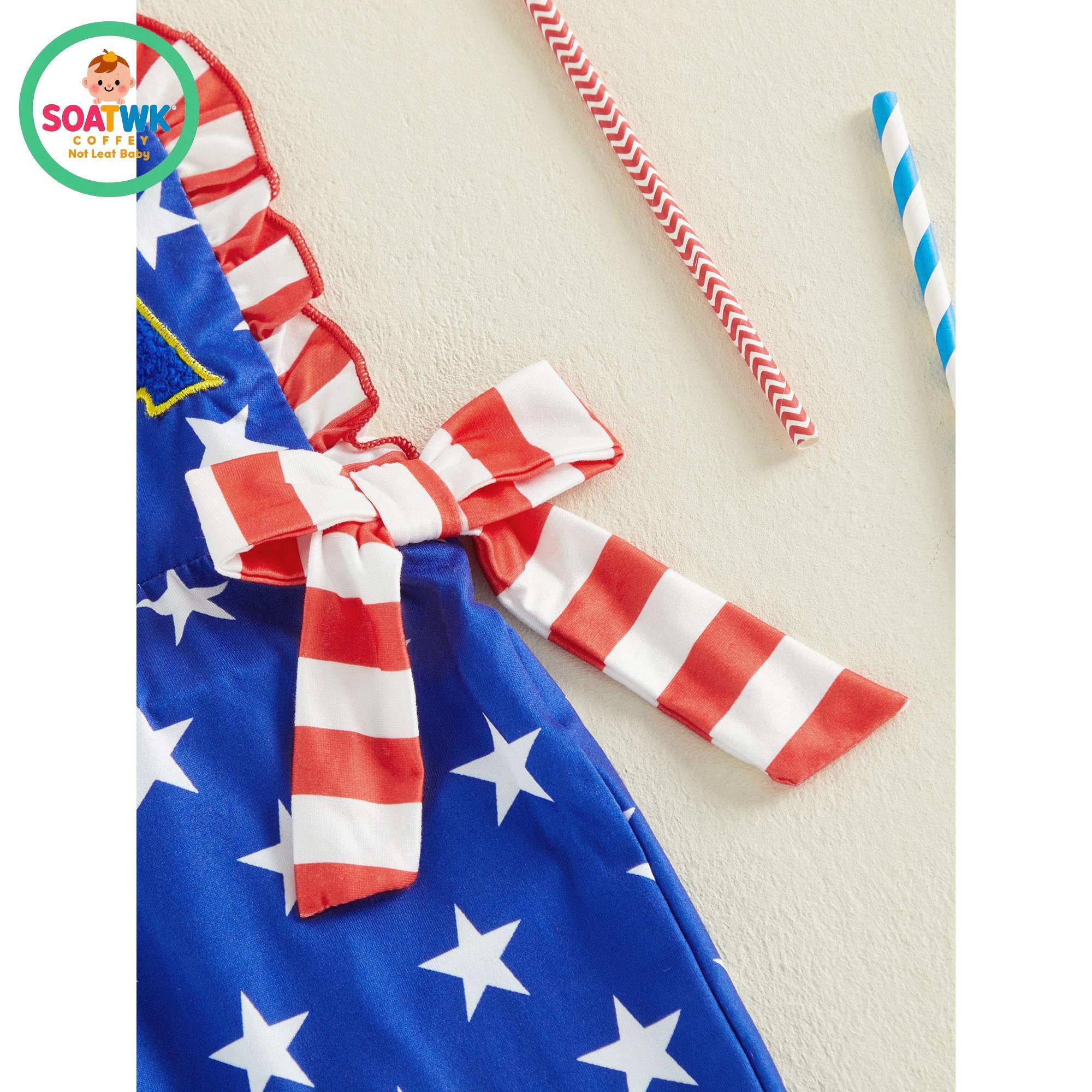 Baby Girl Fourth of July Romper Sleeveless Stars and Stripes Print Bow Jumpsuit Toddler Overalls