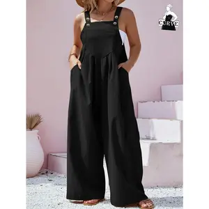 Plus Size - Plus Size - (Front Garment Length Including Shoulder Straps, Measure After Buttoning The Bottom Button) Spring And Summer Women'S Plus Size Solid Color Black Button Overalls Casual Comfortable Home Wear