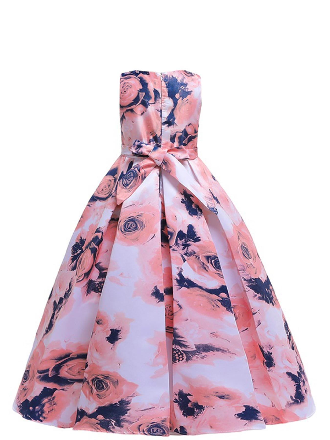 Girl's All Over Floral Print Bow Back Plicated Tank Dress, Elegant Sleeveless Round Neck Maxi Dress for Party Performance Wedding Guest, Floral Printed Dress, Kids Clothes for All Seasons