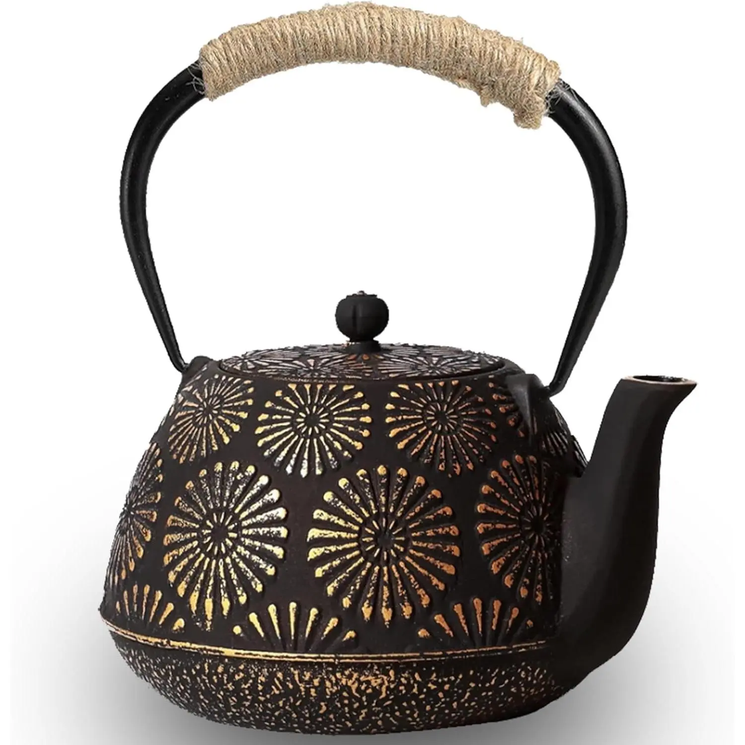 Traditional Enamel-Coat Japanese Tetsubin Cast Iron Teapot (Black Gold), 40oz (1200ml) Stovetop Kettle with Stainless Steel Infuser, Heat-Resistant Handle for Tea Ceremony