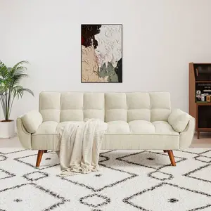 Beige Modern Tufted 2-Seater Convertible Loveseat Sofa Bed - 75.3in Linen Upholstered, Adjustable Backrest, Solid Wooden Legs, for Living Room Small Spaces