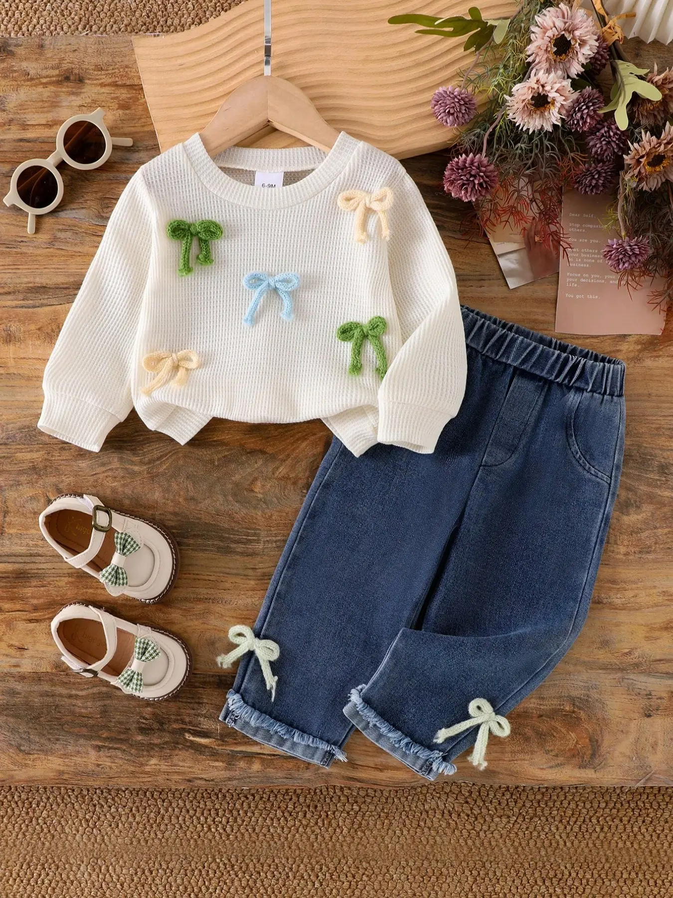 Baby Girl Spring Fall 2-Piece Set, Multi-Color Bow Embellished Round Neck Long Sleeve T-Shirt and Jeans Pants, Loose-Fit Casual Suit, Baby Girl Clothes