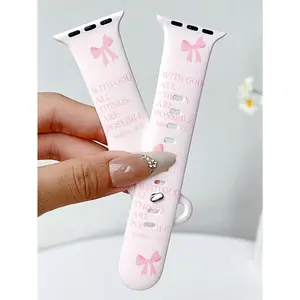 Women's Pink Bow Soft Silicone iWatch Bands with Bible Verse Slogan Pattern, Christian Faith Coquette Aesthetic Fashion Accessories, Compatible with iWatch Series 1-10 Ultra SE 38mm-49mm All Models