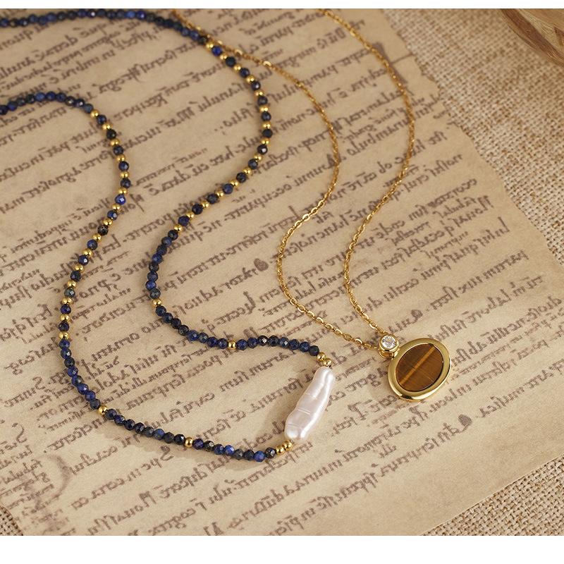 18K Gold Plated Tiger Eye Stone Necklace 925 Sterling Silver Lapis Lazuli Beaded Collar Chain Daily Wear Festival Gift Jewelry