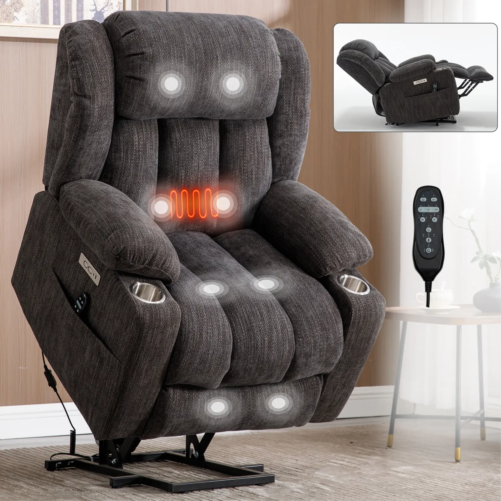 ARCH Power Lift Recliner Chair for Elderly - Heavy Duty 350 LBS Chenille Upholstered, Vibration Massage, Lumbar Heat, USB Type-C Ports, Stainless Steel Cup Holders, Metal Frame, Wood Material, American Design, Grey Living Room Chair
