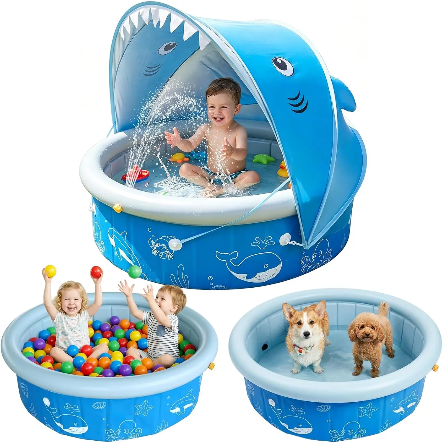 Kiddie Baby Pool with Canopy Sprinkler, 47in Foldable Toddler Pool |   Anti-Slip Baby Swimming Pool with Shade, Portable Small Pool & Ball Pit for Kids Age 1-6, Backyard Outdoor Water Play Toy