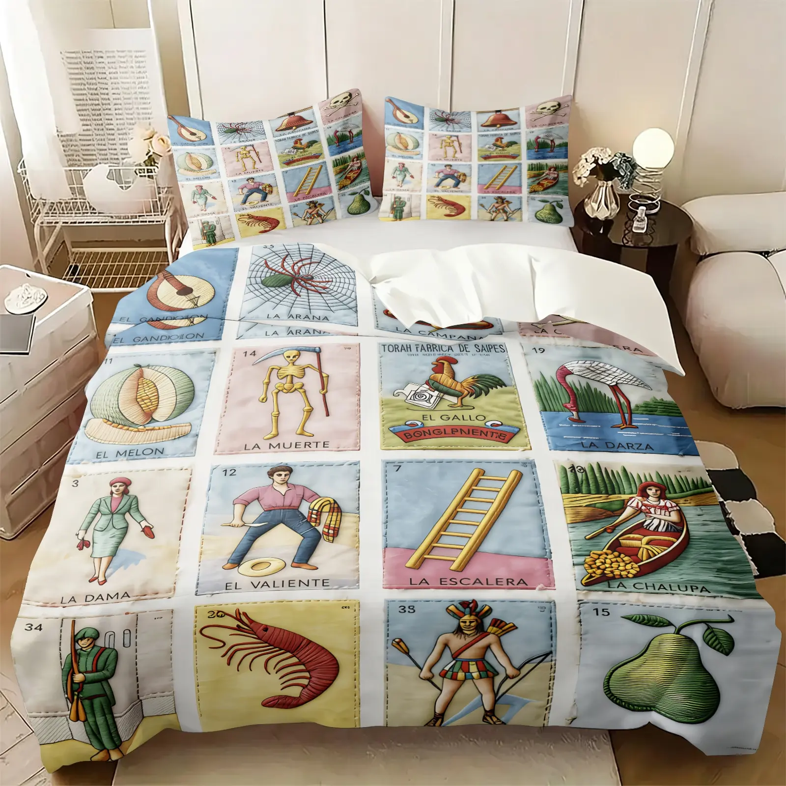 Vintage Mexican Traditional Loteria Folk Tarot Card Patch Grid Print Duvet Cover Set, Includes 1-2 Pillowcases, Hispanic Game Card Patch Bed Set All Size, Breathable Soft, Exotic Boho Latino Decor & Gift For Latin Culture Enthusiasts