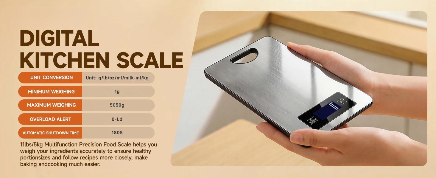 Digital Kitchen Scale & Food Weight Scale with Hang Loop, 11lb Baking Scale for Home and Kitchen, Precise Scales with Grams and Ounces, Stainless Steel (Silver)