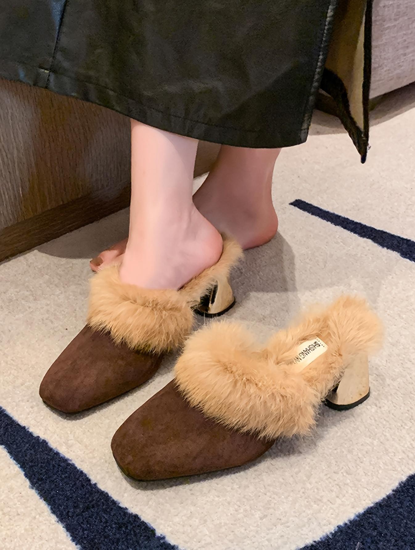 Moccasin Women 2024 New Autumn And Winter Outdoor Half with Dress Versatile High Heels One Slip-On Chunky Heel Elegant Women Shoes