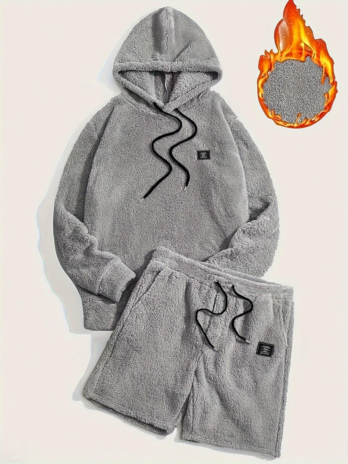 Men's Grey Drawstring Knit Hoodie & Pocket Shorts Plush Set, Regular Fit Casual Long Sleeve Hooded Sweatshirt & Shorts, Men's Fall & Winter Clothes