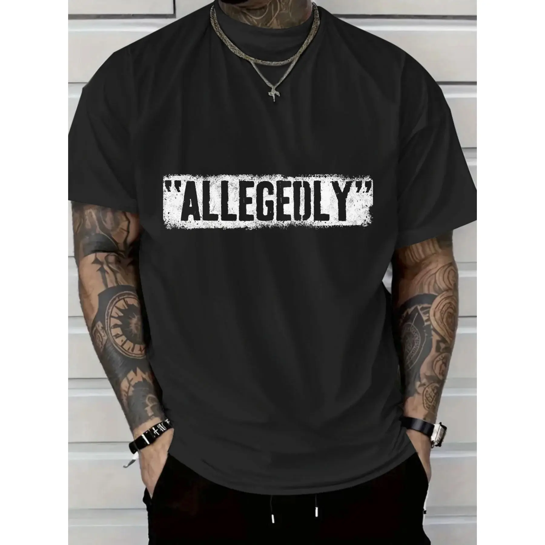 Oversized Allegedly Graphic T Shirt Black Distressed Vintage Block Letter Print Funny Law Lawyer Student Casual Streetwear Tee For Men Women Legal Humor Daily Outfit