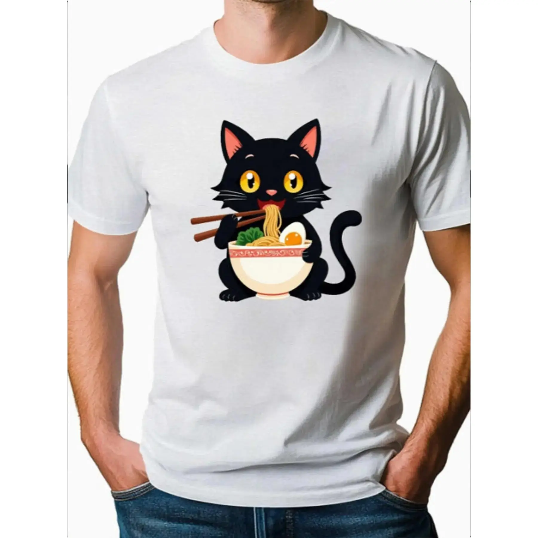 Unisex Pure Cotton Casual Short-Sleeve Round Neck Sports Outerwear - Adorable Cat Eating Ramen Cartoon Print Tee for Food Lovers, Trendy Anime Casual Wear, All-Season Sport & Outdoor Clothing