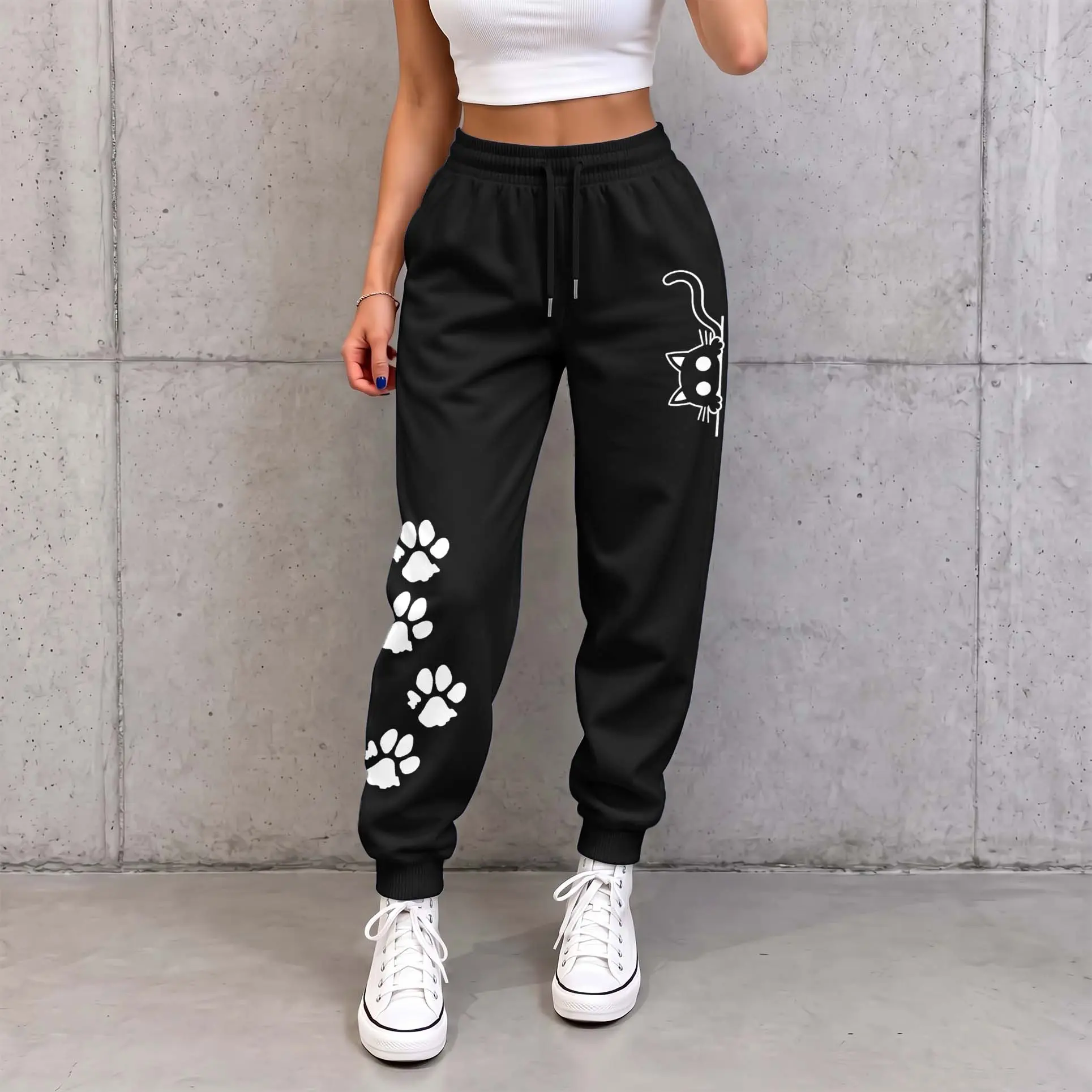 Women’s Cute Cat Paw Graphic Jogger Pants, Peekaboo Kitty Print Sweatpants, High Waist Drawstring Casual Lounge Pants for Women, Cozy Pet Lover Streetwear Bottoms for Daily Wear, Travel & Cat Mom Gift