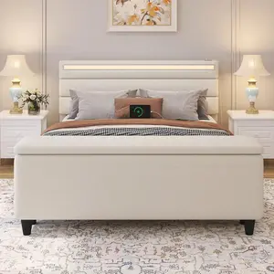 Upholstered Panel   With  End  Cabinet, LED Light, Charging Station, No Box Spring Needed