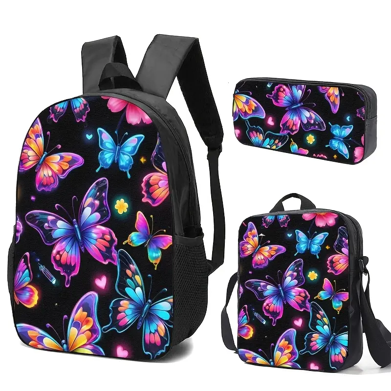 Girls' Butterfly Print Backpack, Streetwear Oxford Cloth Bag for School & Travel with Padded Straps & Side Mesh Pockets, Backpack Bag, Side Pockets