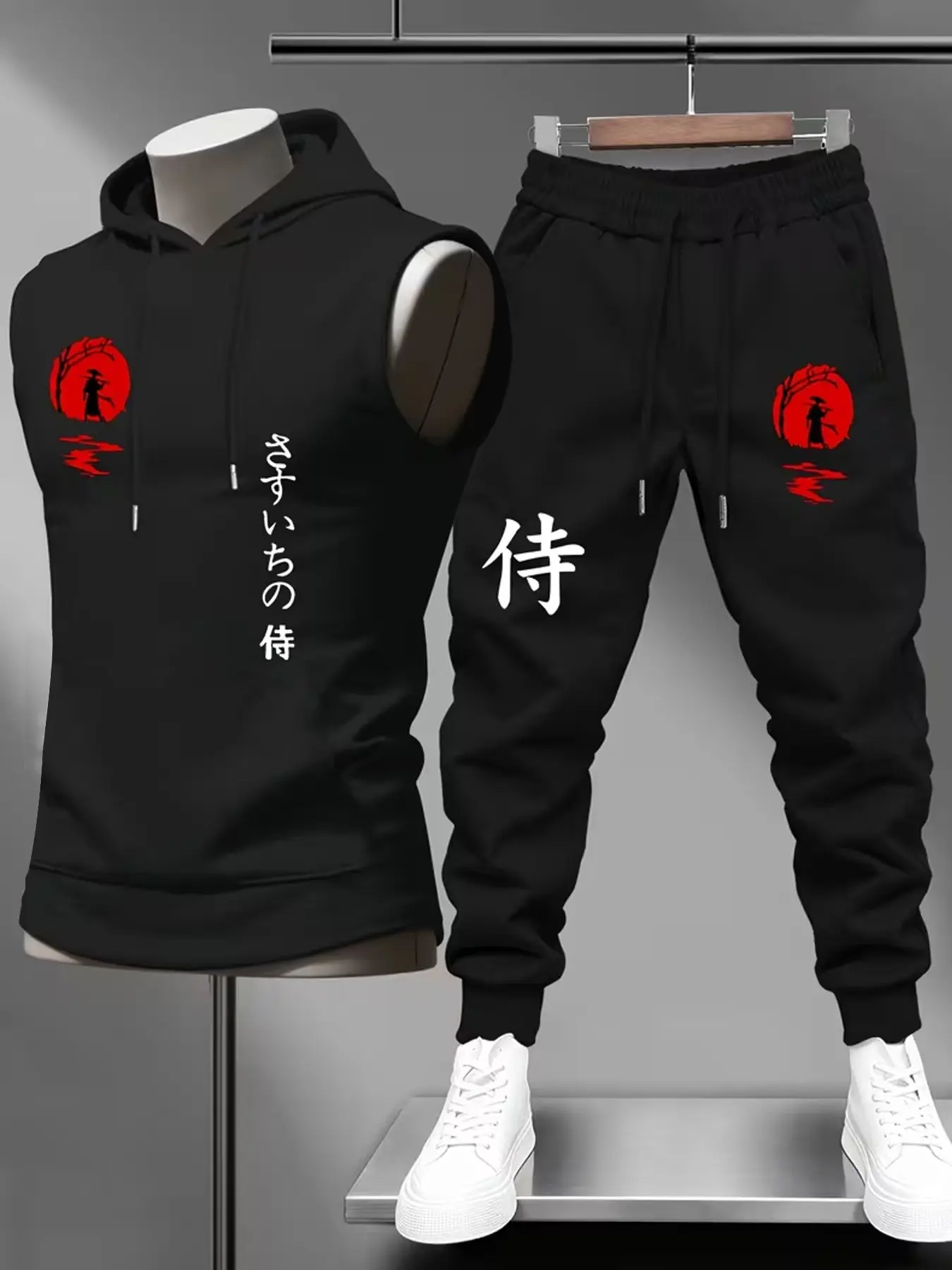 Men's Samurai Ronin Print Sleeveless Hoodie & Joggers 2-Piece Set Japanese Bushido Graphic Hooded Tank & Sweatpants Outfit For Harajuku Streetwear Sporty Casual Outfits Sleeveless Tracksuit Set