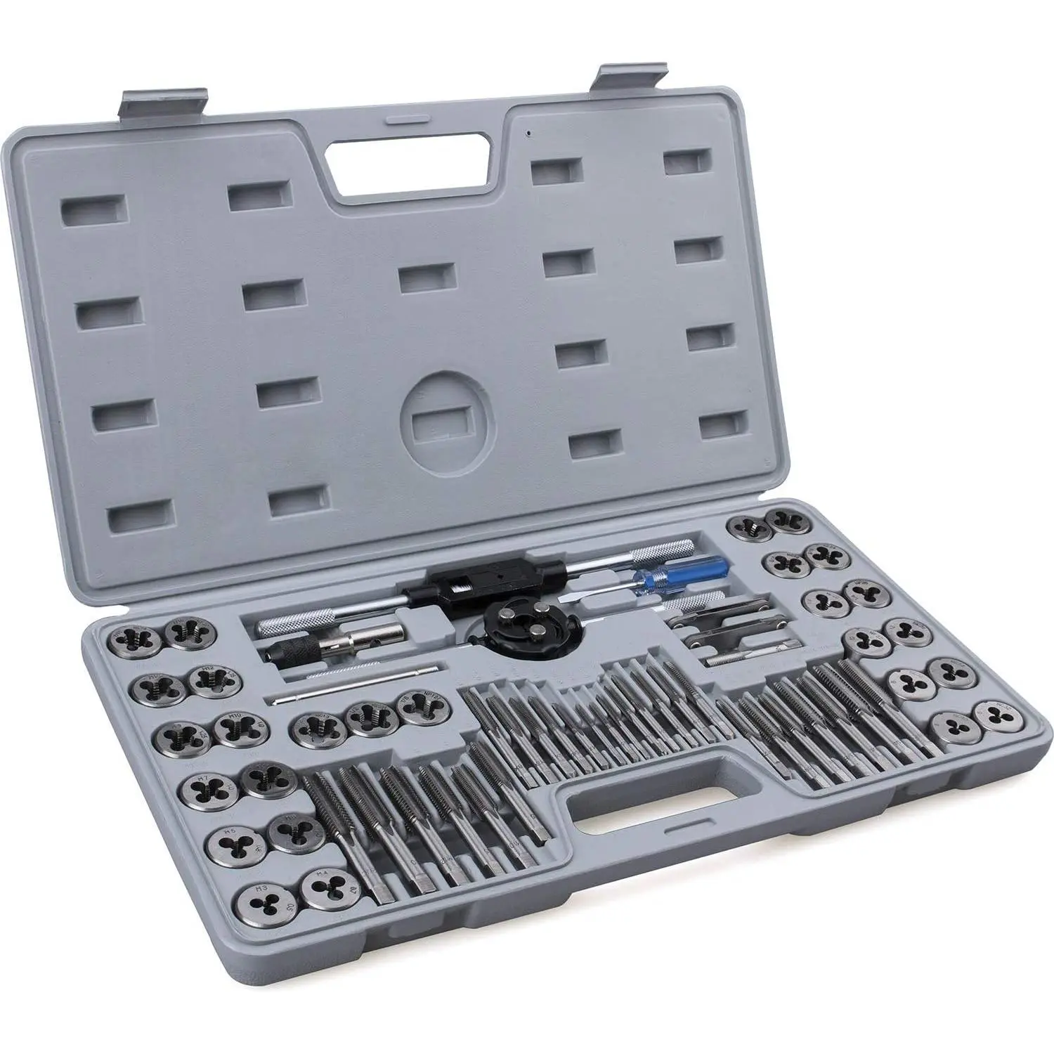 60-Pc Master Tap and  Set - Include SAE Inch Size #4 to 1/2” and Metric Size M3 to M12, Coarse and Fine Threads | Essential Threading Rethreading Tool Kit with Complete Accessories and Storage Case