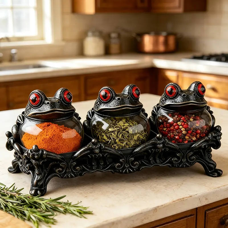 Wizard Frog Apothecary Spice Jar Set (4 pieces: 3 Seasoning Jars + 1 Base) - Handcrafted Vintage Round Containers, Glass Lids with Frog Shapes, Gothic Bases for Kitchen Preserving Storage