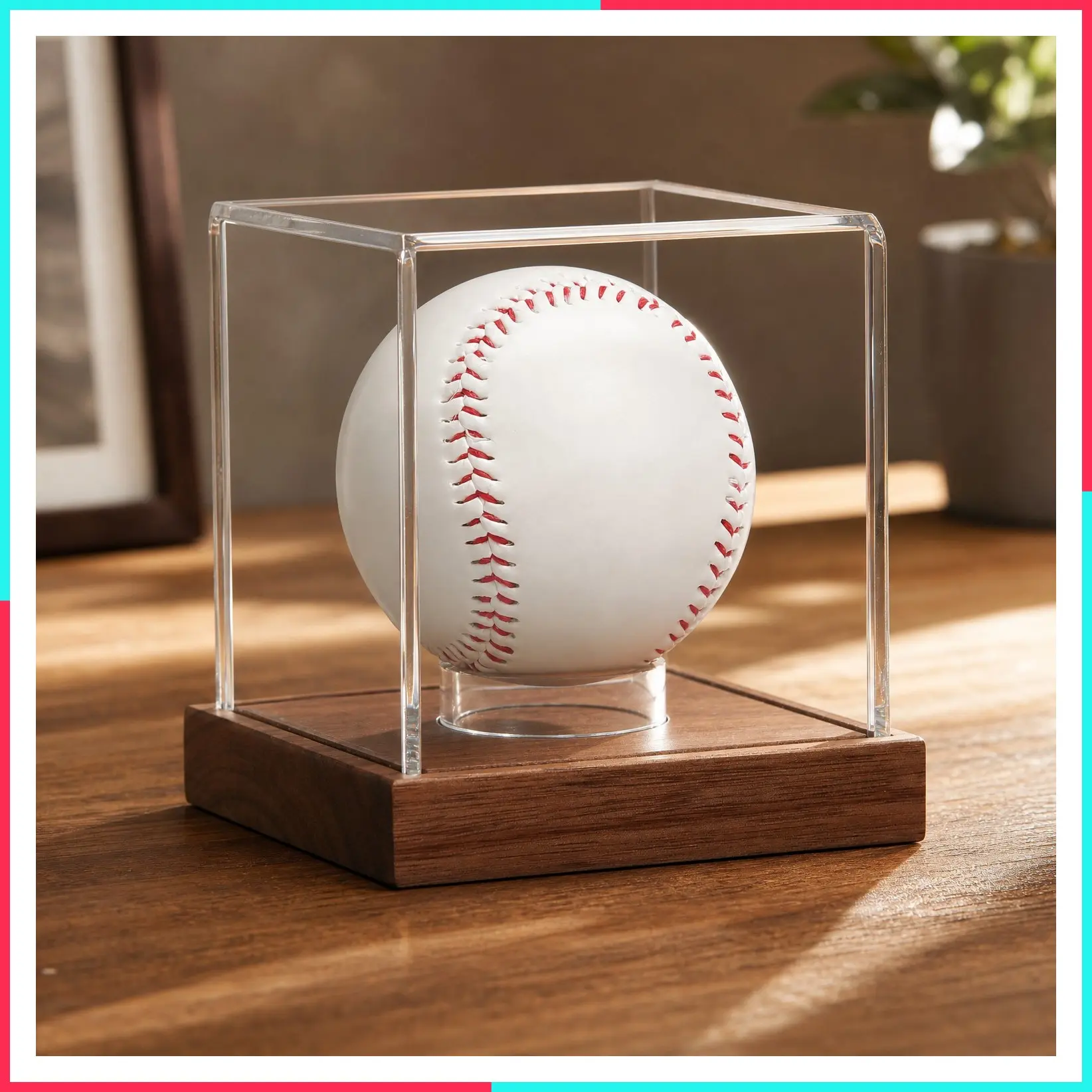 Clear Cube Baseball Display Case with Acacia Wood Base - Autograph Stand Box for Single Ball, Brown, 1 Pack