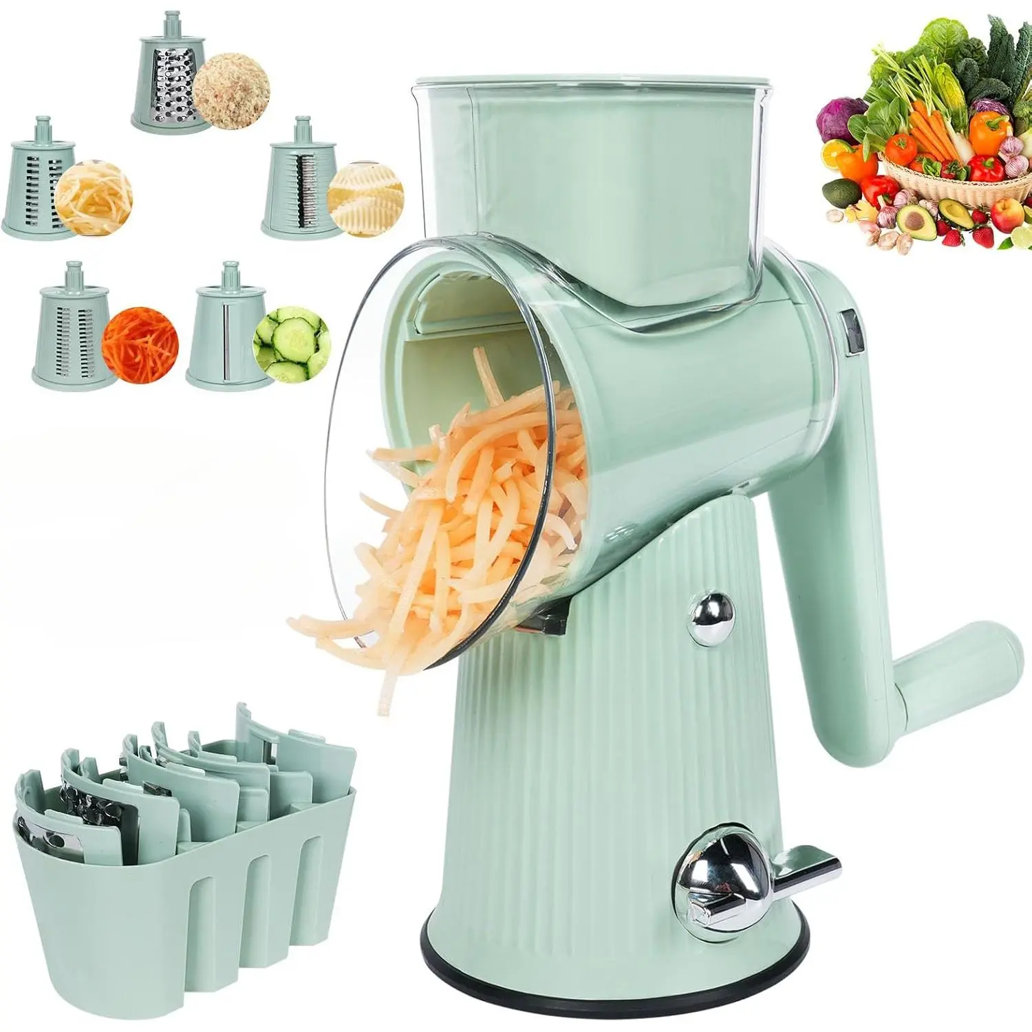 Manual Tool Rotary Cheese Grater Kitchen Utensils Set - 5 Different Blades, Suction Cup Base, Food Grade Material, 11-Piece with Storage Box, Portable for Pumpkin Prep, Camping; Vegetable Cutter Slicer Chopper Shredder Mincer Party Gift elegant