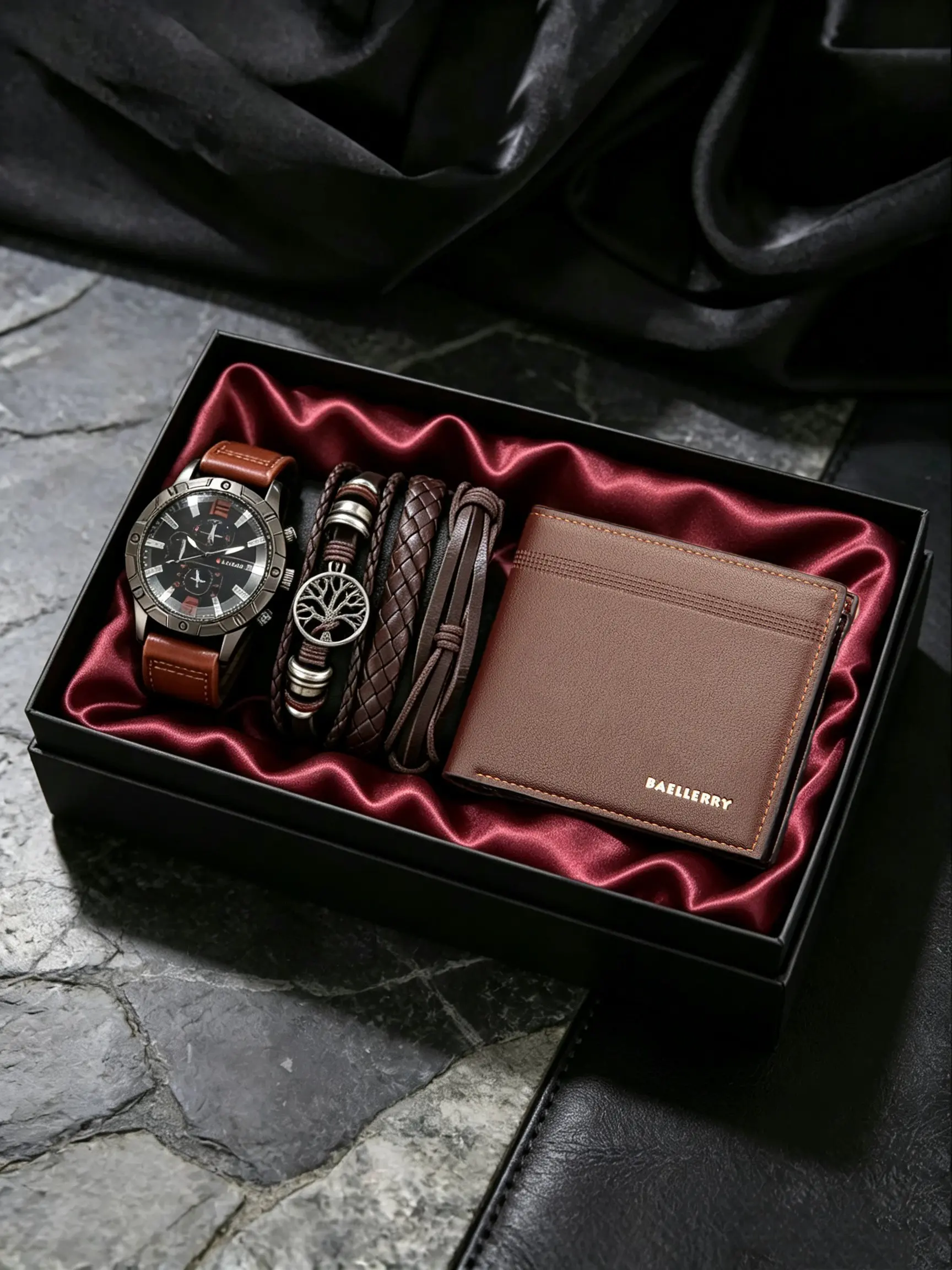 Men's Casual Fashion Quartz Watch Set with Bracelet & Pure Leather Durable Wallet, Analog Wristwatch Combo, Premium Genuine Leather Wallet, Durable Accessory Gift Set for Daily Wear, Birthday, Holiday & Christmas Presents